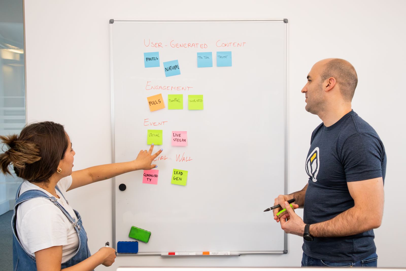 Colleagues planning a project on a whiteboard